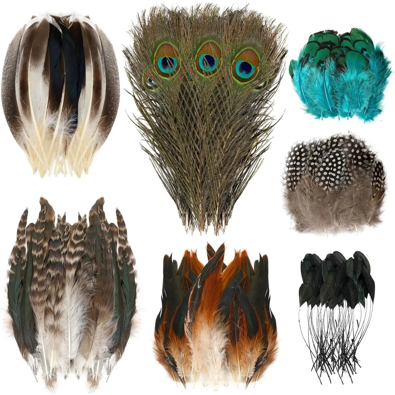 100 Pcs Bulk Natural Feathers, 7 Mixed Styles Including Spotted Pheasant Peacock Turkey Feathers for Halloween Crafts DIY Jewelry Hat Dream Catcher Wedding Home Party Decoration