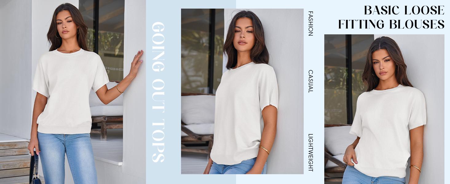 Saodimallsu Womens Short Sleeve Sweater Casual Basic Crew Neck Loose Knit Pullover Tops Summer Lightweight Blouses