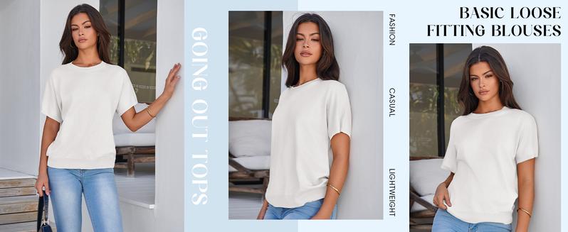 Saodimallsu Womens Short Sleeve Sweater Casual Basic Crew Neck Loose Knit Pullover Tops Summer Lightweight Blouses