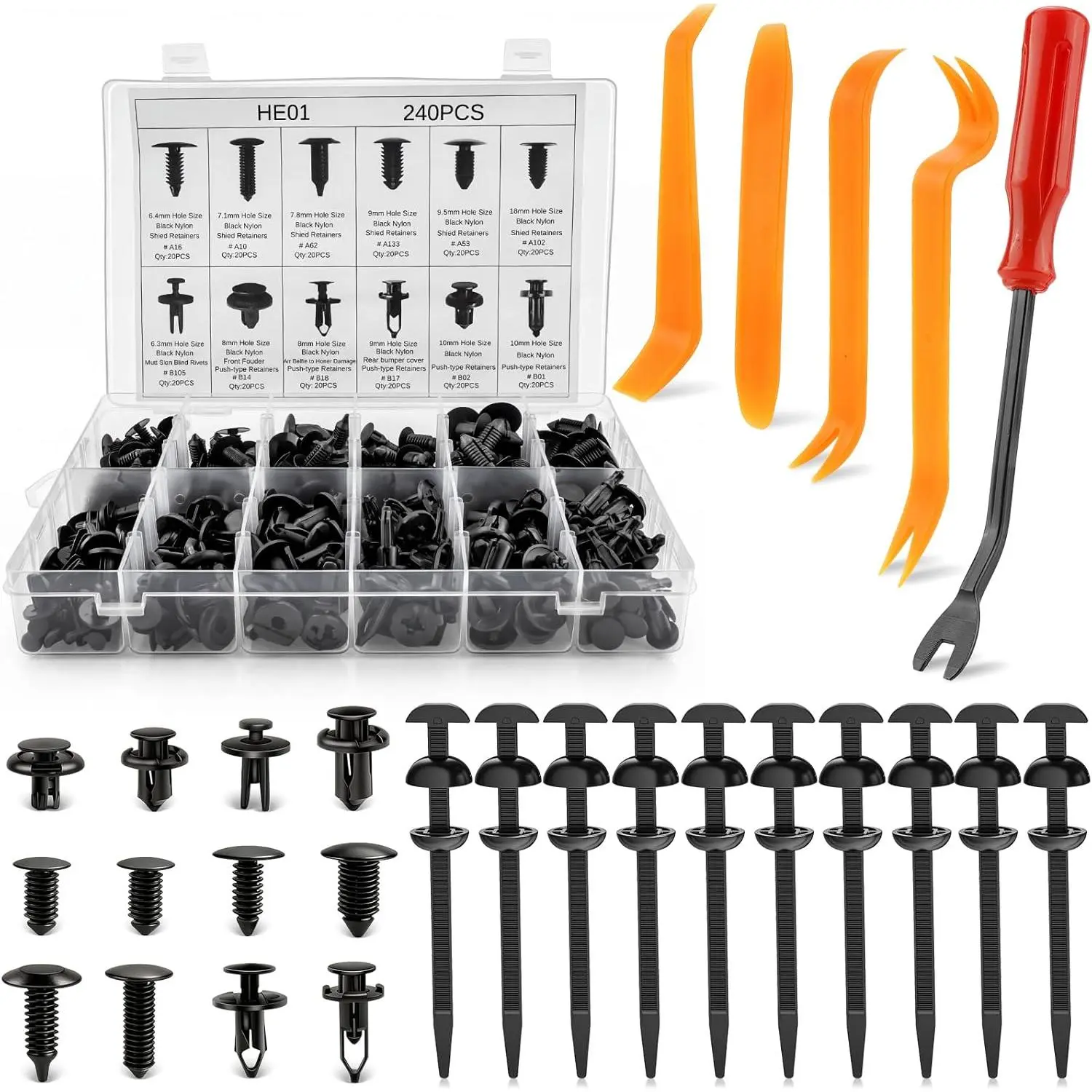 240PCS Bumper Clips & Car Clips Kit - Heavy Duty Plastic Rivets with 10 Cable Ties, Push Clip, and Plastic Clip for Cars with 12 Sizes - Automotive Fasteners for Door Trim, Fender, Panel