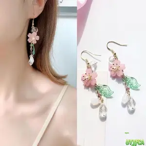 Pastel Pink Cherry Blossom Leaf Crystal Drop Earrings For Women, Vintage Boho Floral Long Dangle,Lightweight Statement Style, Hand Assembled Transparent Leaf Teardrop Bead Statement Jewelry, Lightweight Spring Nature Inspired Accessory,Summerwins