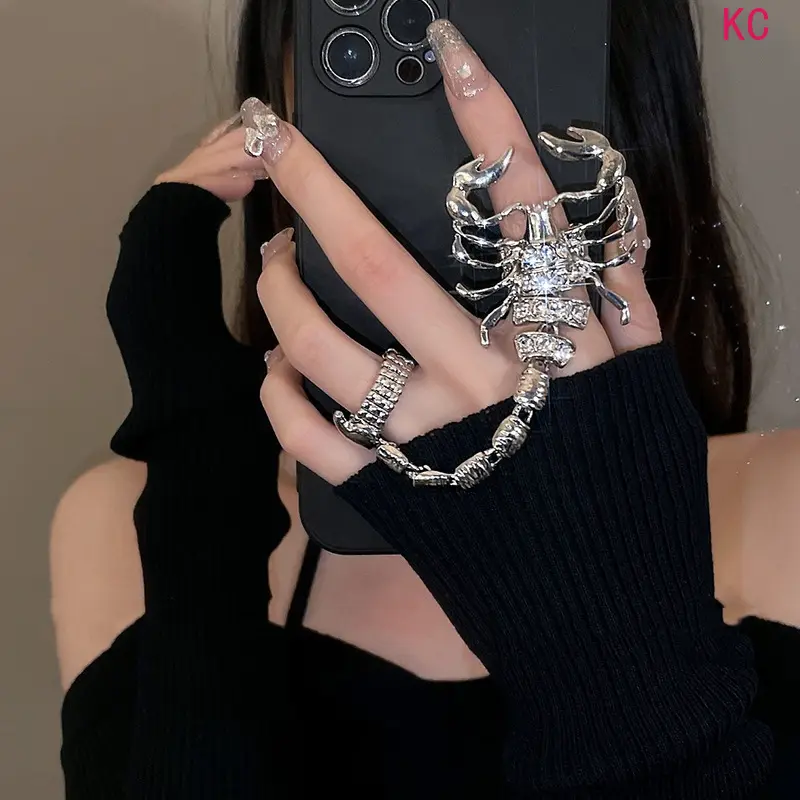 Silver Tone Scorpion Chain Stretch Ring For Women, Punk Hip Hop Unique Statement Index Finger Jewelry For Daily Outfits