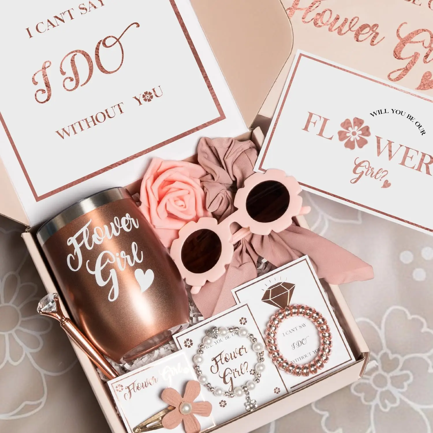 Flower Girl Proposal Box Gift Will You Be My Flower Girl Gift from Bride |   9 PCS Gift Set Basket Flower Girl Proposal Gift Will You Be Our Flower Girl Cup Sunglasses Bracelet Card Hair Clip Tumbler