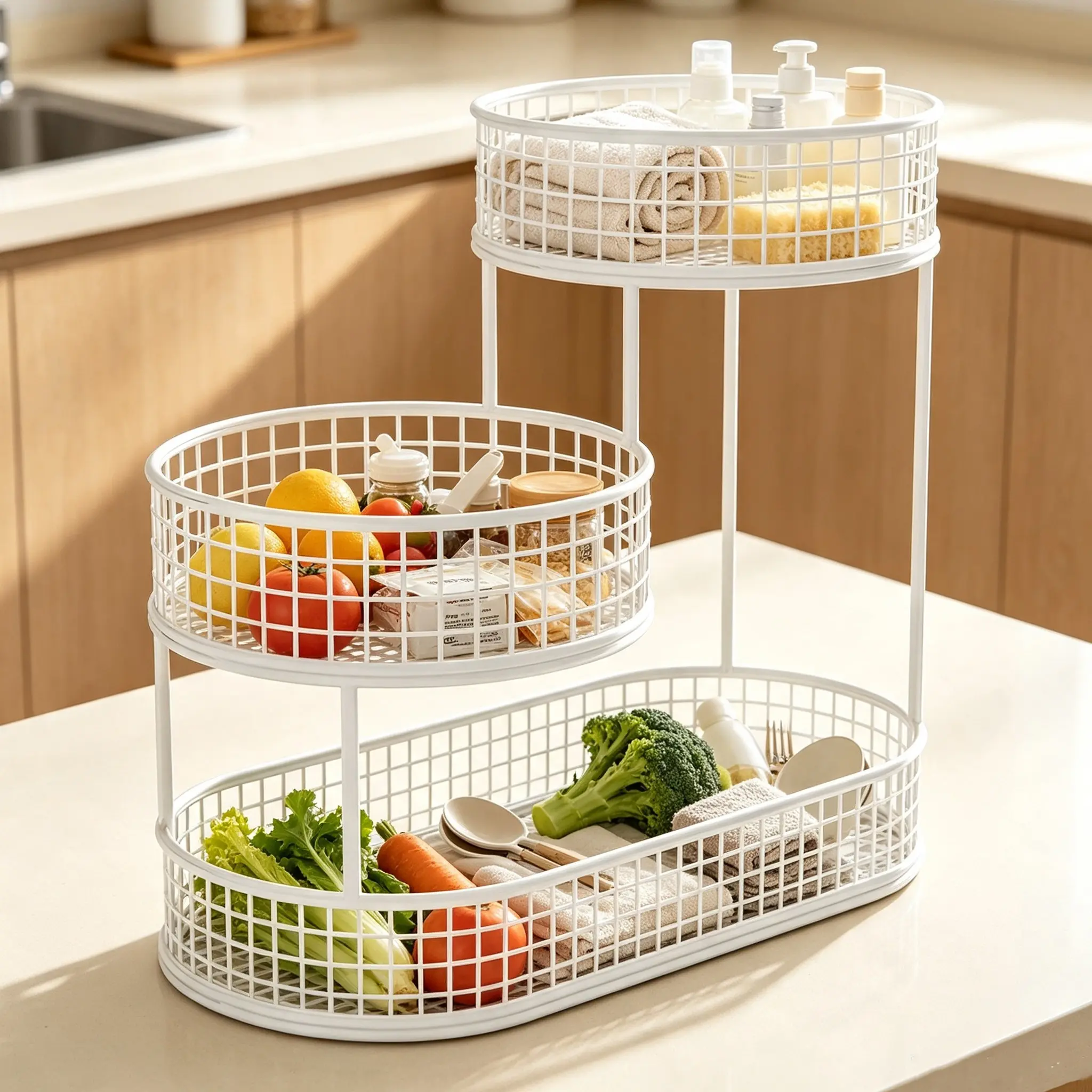 Multi-layer Metal Fruit Basket, Round Snack & Fruit Storage Basket, Fruit & Vegetable Organizer for Home Kitchen Living Room Coffee Table
