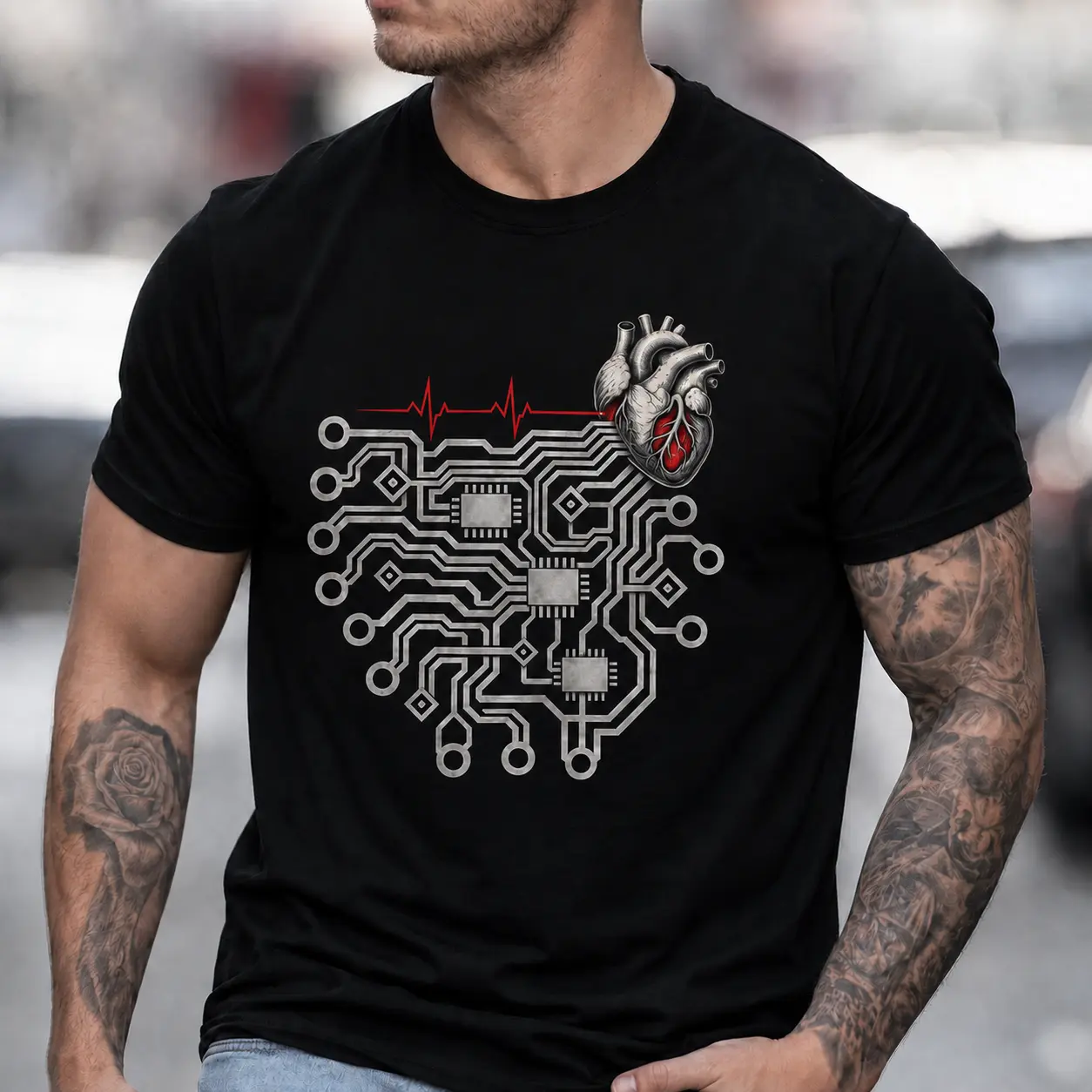 Men's Anatomical Heart Circuit Board T-Shirt - Casual Streetwear Menswear, Black Shortsleeve Round Neck Tech Tee, Gift for Engineers, Top, Tshirt