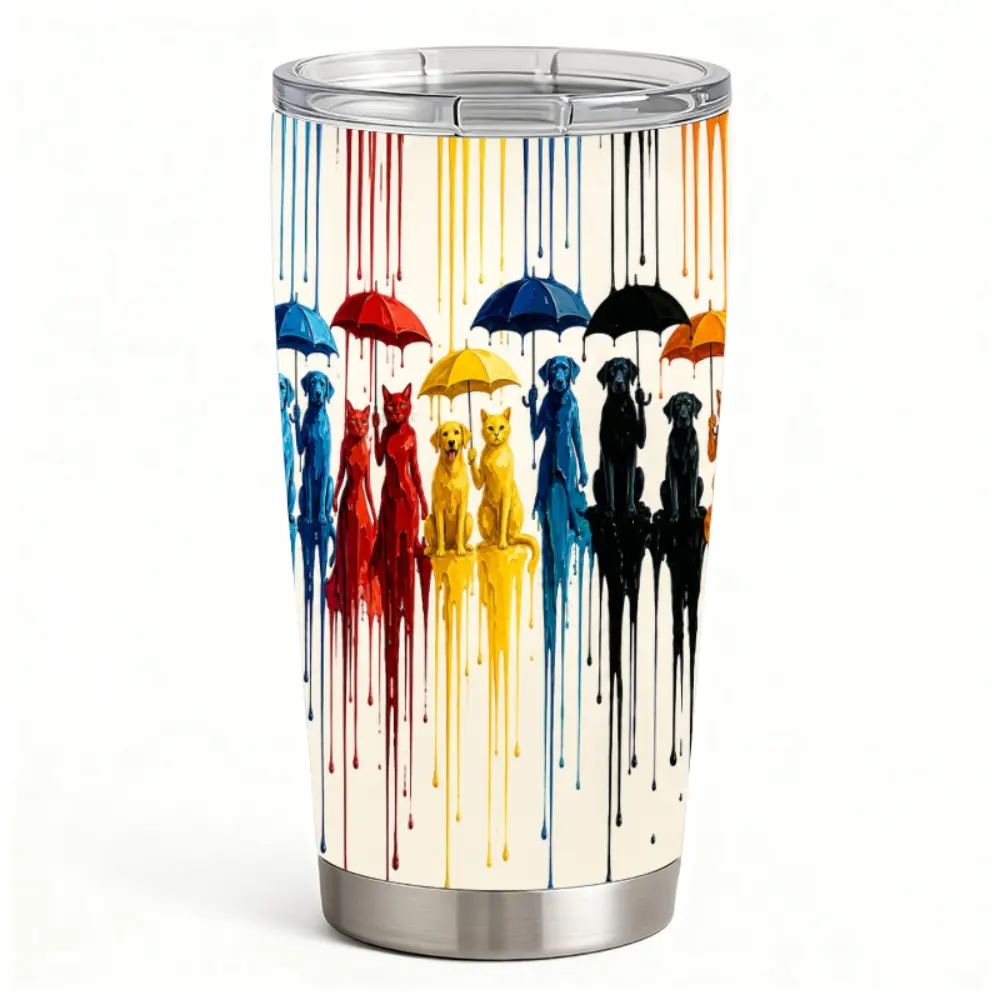 Portable 20oz Colorful Car Tumbler with Rainbow Umbrella Rain Artwork - Kitchenware Drinkware Vacuum Flask, Ideal Holiday Gift
