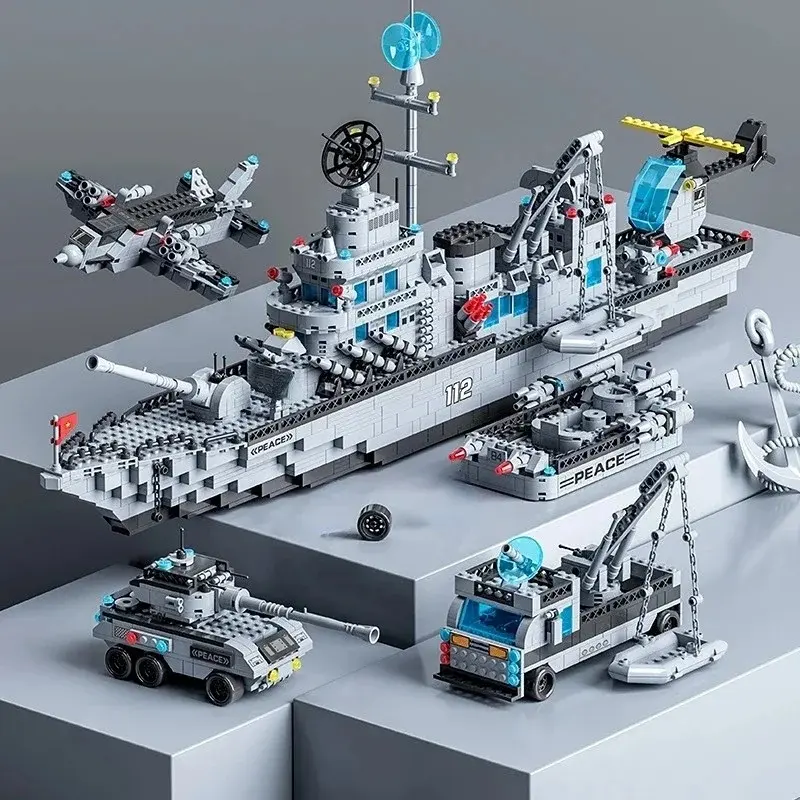 1560pcs 6 IN 1 Military Navy Ship Sets Building Blocks War Army Boat Plane Model Toys for Boys Bricks Toys Christmas Gift