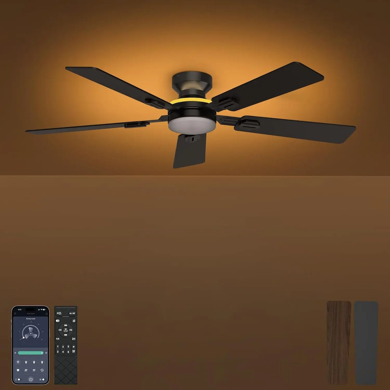 52 Inch Ceiling Fan with Light, Remote & App Control, Flush Mount