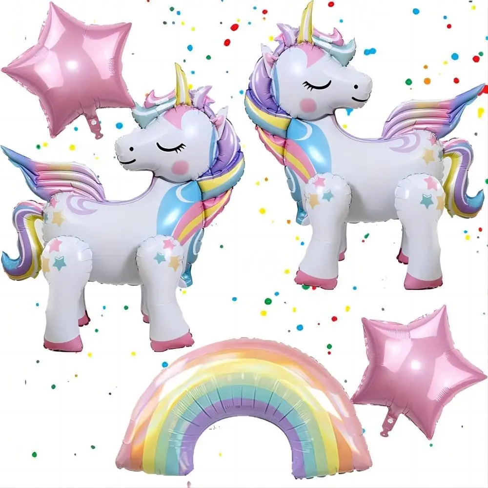 5 Pcs Self Standing 3D Unicorn Rainbow & Star Foil Balloons for Birthday Party Decorations and Supplies
