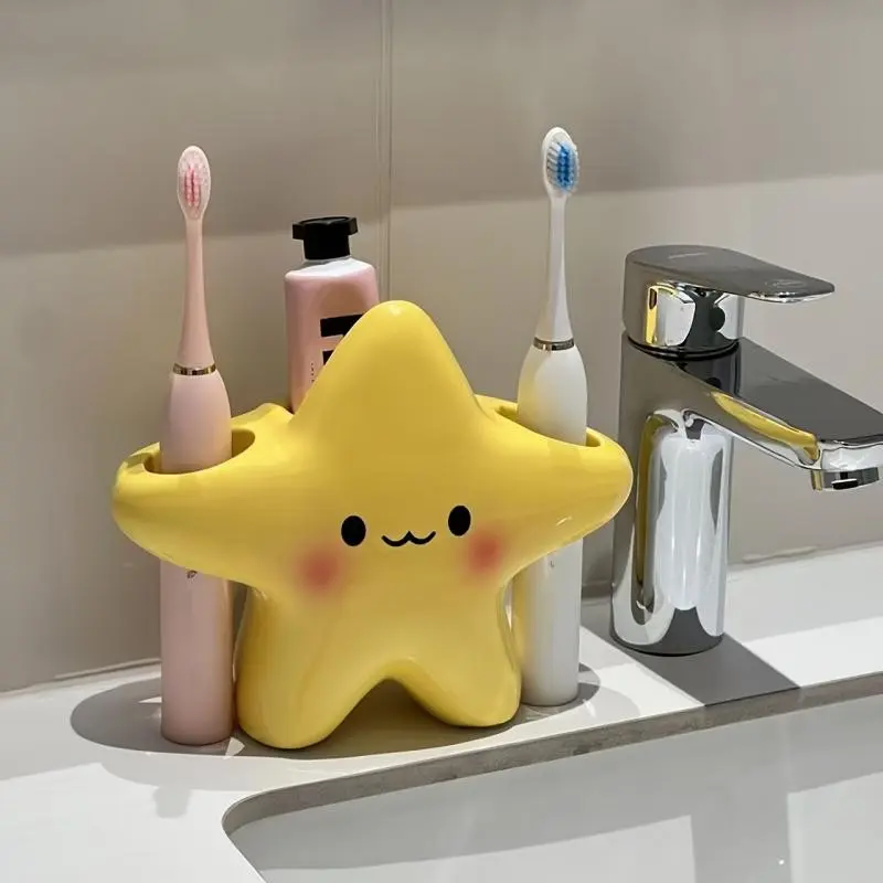 Cute Star-Shaped Plastic Toothbrush Holder, Independent Bathroom Storage, Cute Face Design, Durable Plastic Structure, Space-Saving Toothbrush and Toothpaste Rack, Countertop Toothbrush Holders