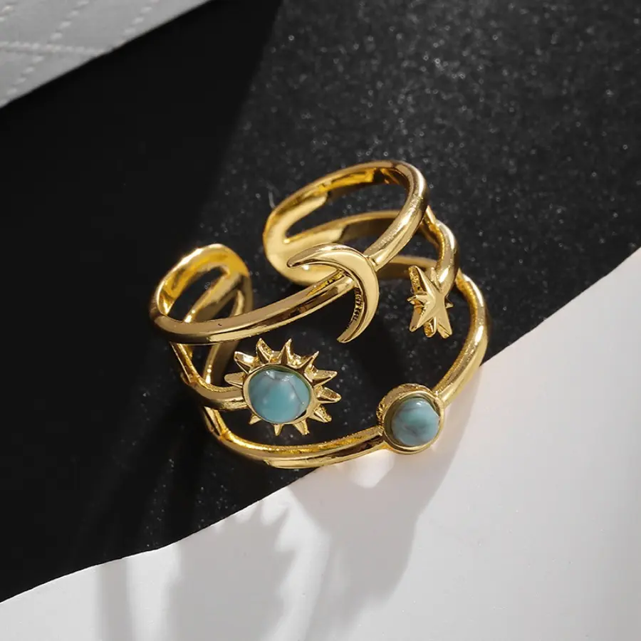 Women's Elegant Adjustable Stainless Steel Ring Stack - Turquoise Gemstone Ring, Star Motifs, Universal Size Costume Jewelry for Weddings, Daily Versatile Aesthetic Style Use, Wedding, Charm Stacking Rings