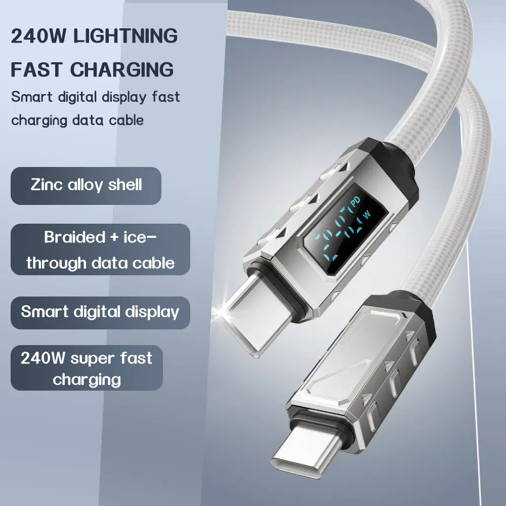 240W Fast Charging Braided Cable with Ice Crystal Digital Display for Durable and Efficient Power Delivery for Smartphones and Tablets