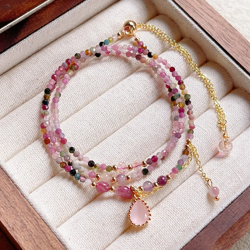 Dainty 3 Strand Natural Rainbow Tourmaline Micro Bead Bracelet for Women, Gold Frame Water Drop Rose Quartz Pendant, Adjustable Extension Chain, Sweet Girly Stackable Crystal Jewelry Gift