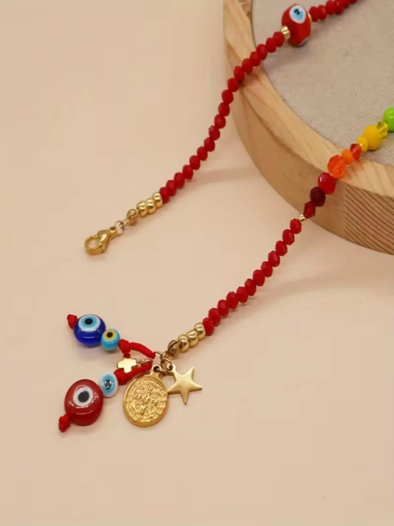 Rainbow Crystal Devil Eye Bead Whimsical Necklace, Retro Style, Adjustable Lobster Clasp, Unisex, Perfect for Halloween & Christmas Gifts