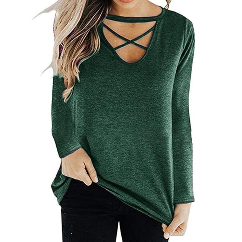 Women's Elegant Long Sleeve T-Shirts Loose Fit Criss Cross V Neck Blouse, Comfortable Plain Tunic Top for Fall and Winter Office Wear