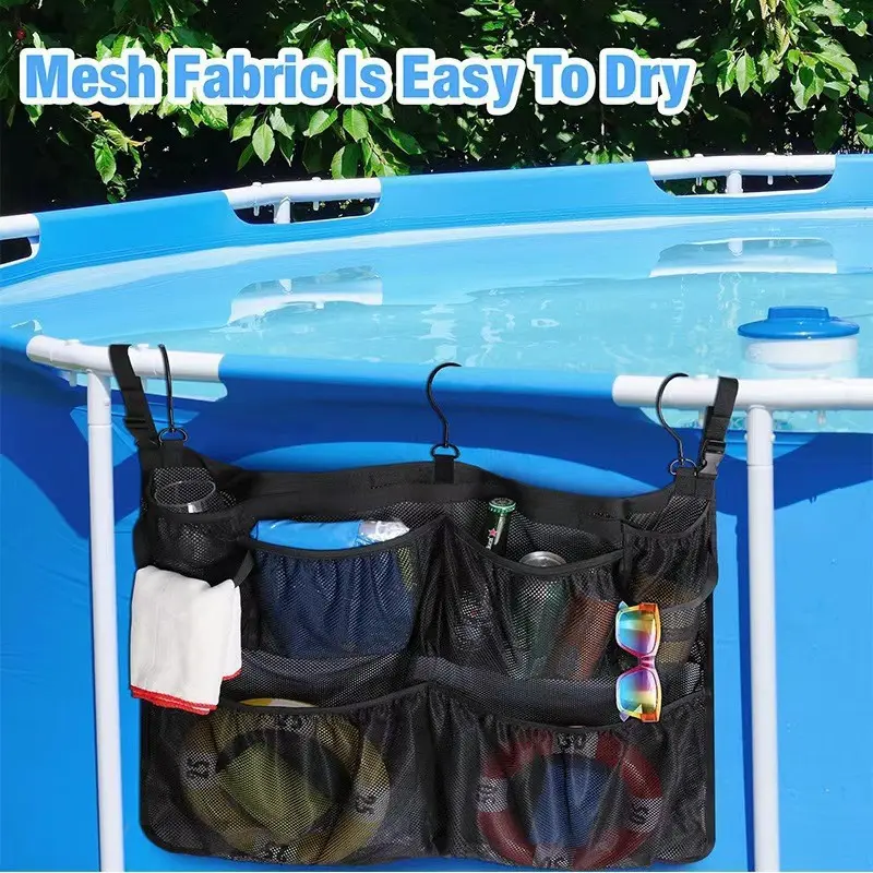 1pcs Outdoor Beach Pool Mesh Storage Bag with Hooks for Clothing, Drinks, Toys, and Bathing Hanging Net Bag