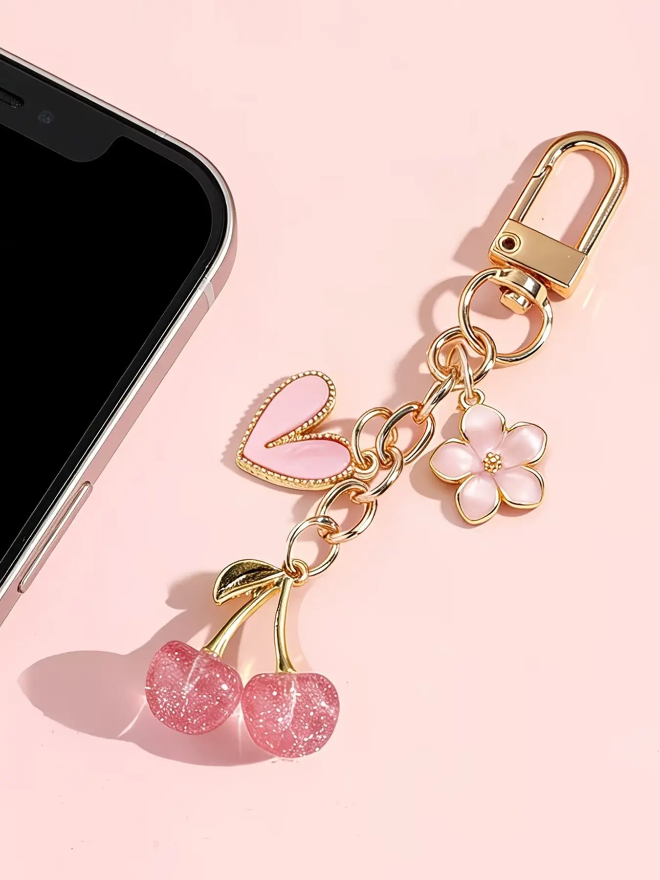 Pink Cherry Heart & Sakura Bag Charm Pendants – Sparkly Bag Charm, Glitter Cherry Floral Keychain with Gold Carabiner, Sweet Bag Decoration & Bag Chain Charms, Girly Purse Accessories for Backpack Purse, Ideal for Girly & Romantic Style Lovers