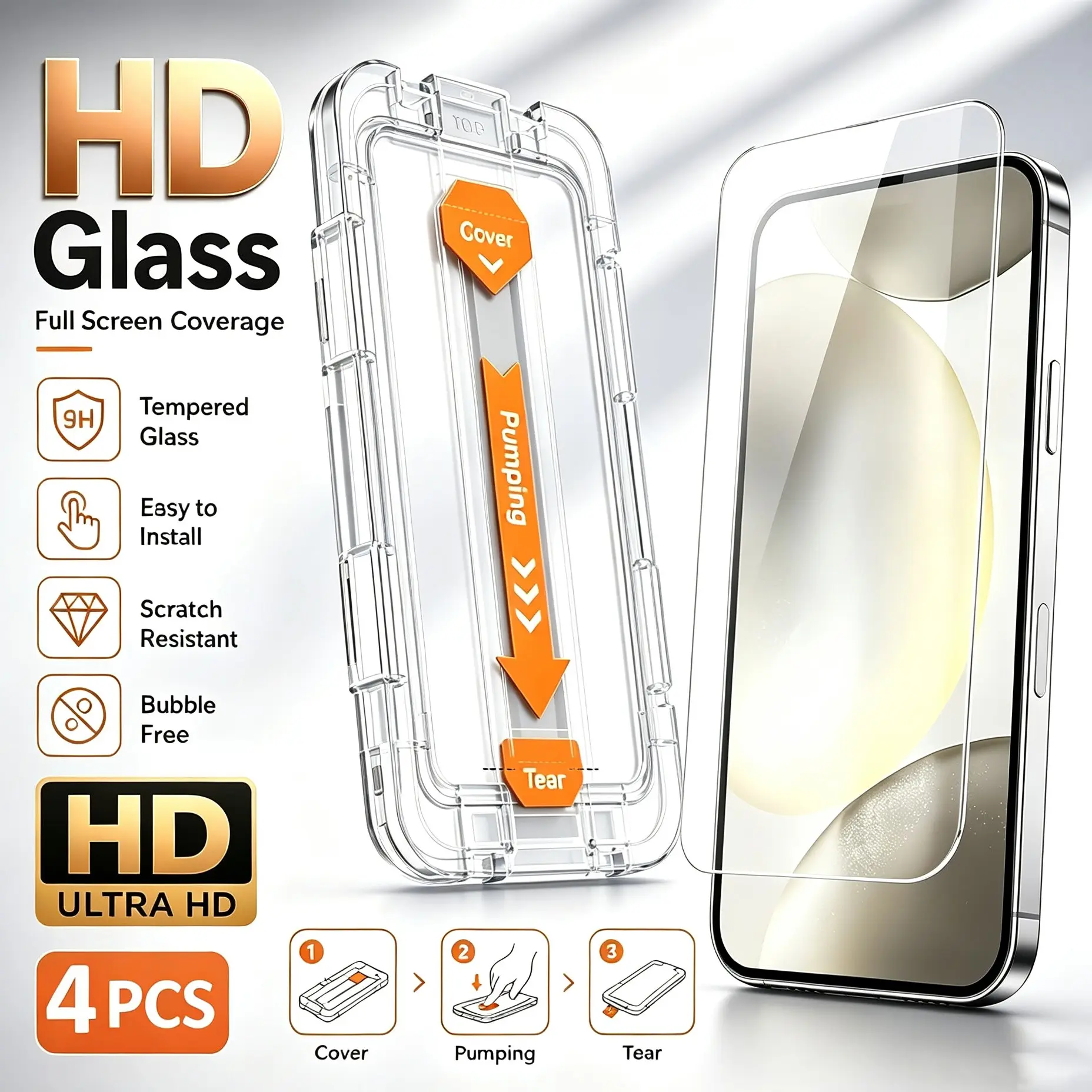 4 pcs 8K Dust Free Installation Tempered Glass Cellphone Screen Protector For Samsung A07 A17 A16 A15 A14 A12 A26 A25 A24 A37 A36 A35 A34 A32 5G A57 A56 A55 A53 A73 A52S A52, Anti-Scratch, Full Coverage, One-Click Installation