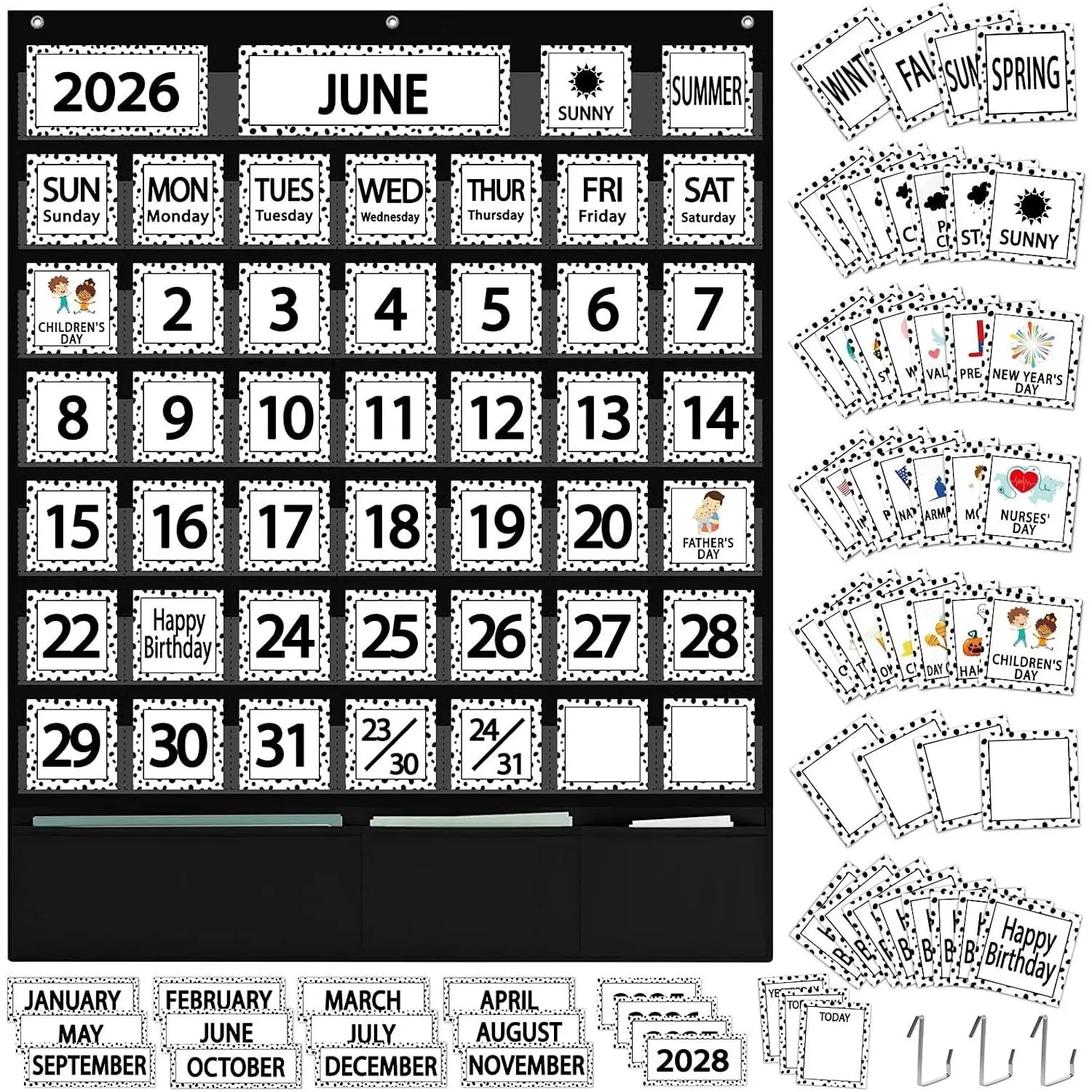 120Pcs Classroom Calendar Black and White Polka Dot Calendar Bulletin Board Set Classroom Decoration Calendar Seasons Weather Chart for Classroom Decor Back to School Supplies