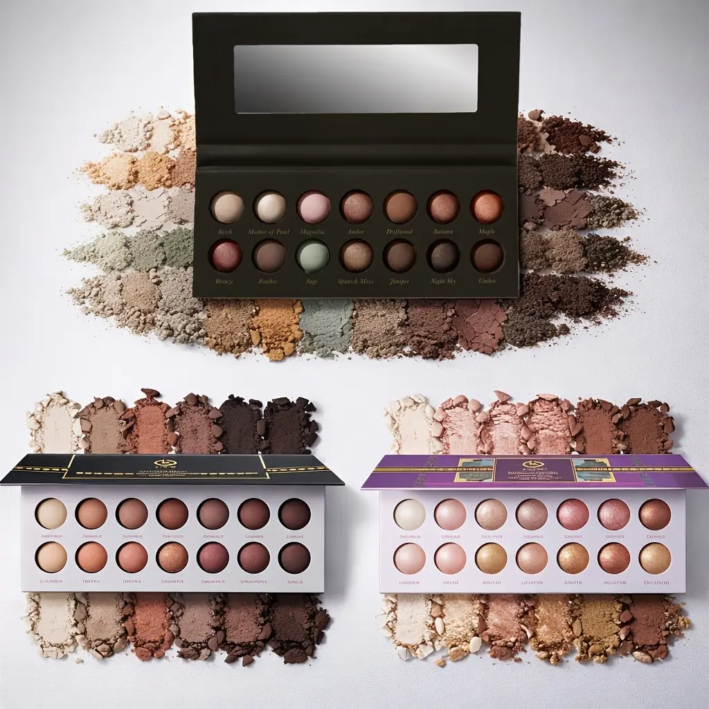 14-color baked ice cream eyeshadow palette set - multi-tonal (warm-toned nude/ pink/ brown/ green), matte + shimmer texture, with luxurious mirror-like cover, suitable for daily/ party/ elegant makeup looks