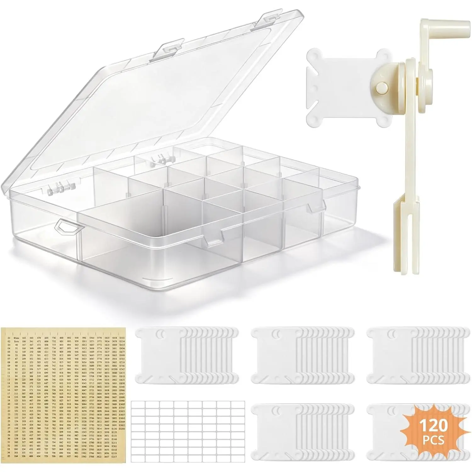 Embroidery Floss Organizer, Cross Stitch Thread Storage Box with Removable 14 Compartments Includes 120 Plastic Bobbins, Stickers, Bobbin Winder for DIY Sewing Crafts