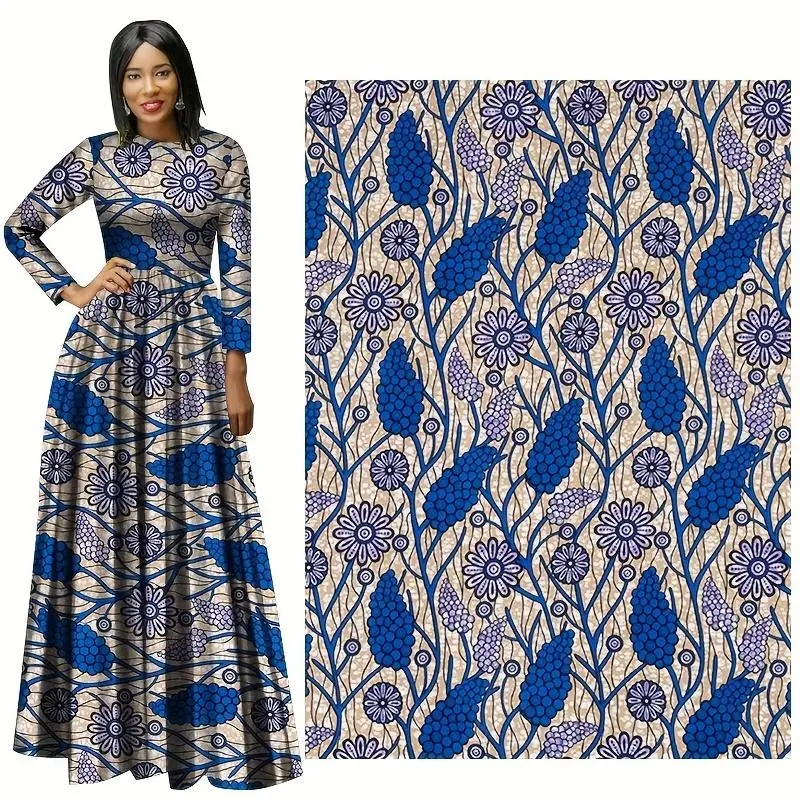 African Style Batik Printed 6 Yards Polyester Fabric with Fine Floral Pattern for Party Dress and Traditional Dress Making
