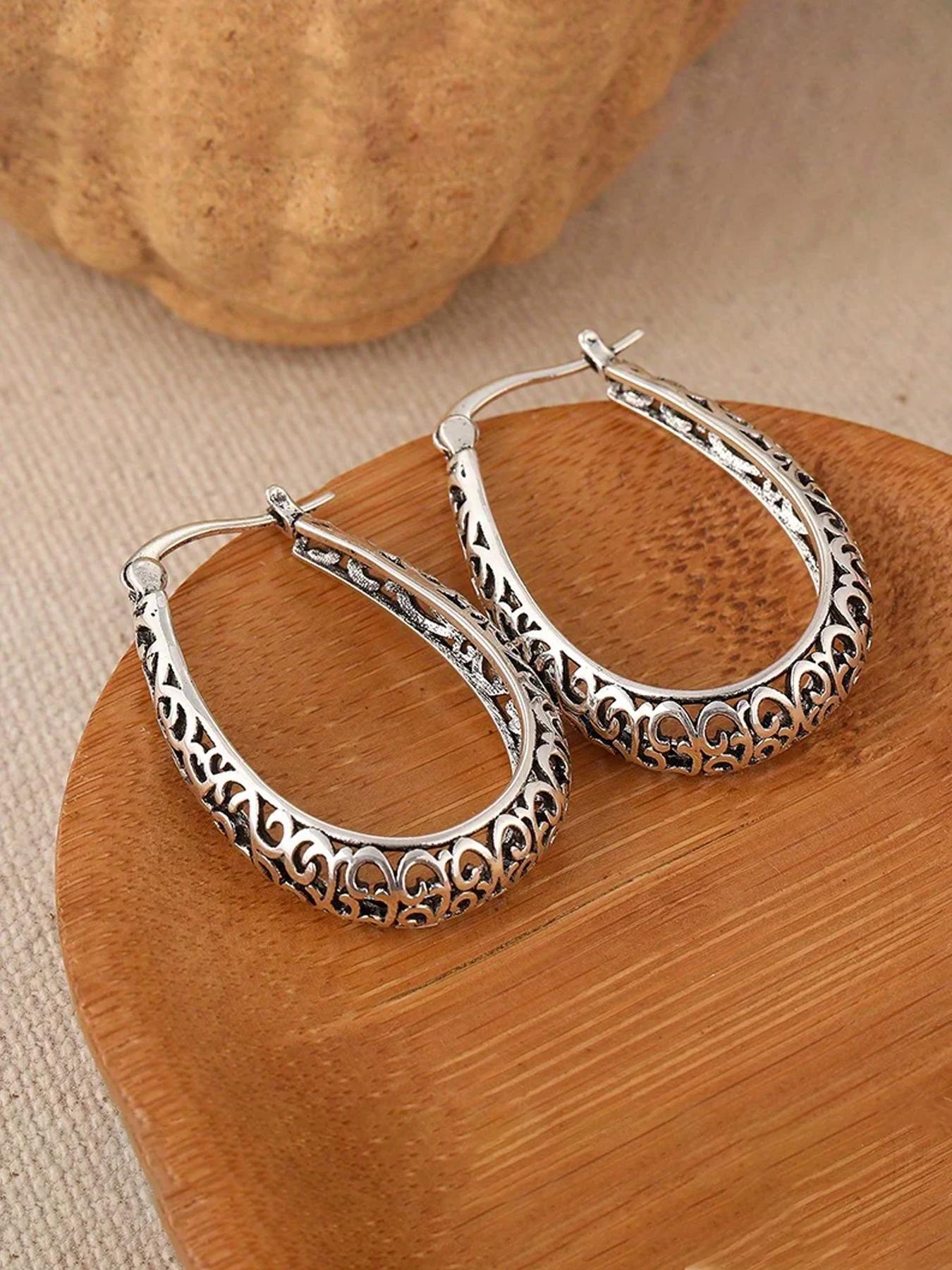 Vintage Hollow Out Design Hoop Earrings, Statement Earrings, Fashion Jewelry for Party, Daily Clothing Decor, Trendy All-match & Exquisite Jewelry for Birthday Gift, Fashionable Hoop Earrings