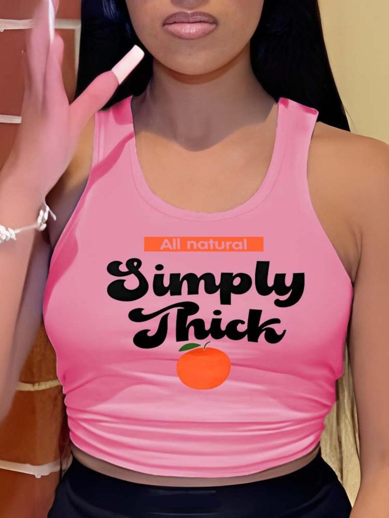 Women's Letter & Fruit Print Tank Top, Summer Clothes Women, Casual Sleeveless Tanktop for Summer, Women's Clothing for Outdoor Daily Wear, Summer Top, Sleeveless Basic Tanks, Tank Tops Workout, Womenswear