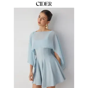 Cider Chiffon Lace Trim Cape & Square Neck Flared Mini Dress Set