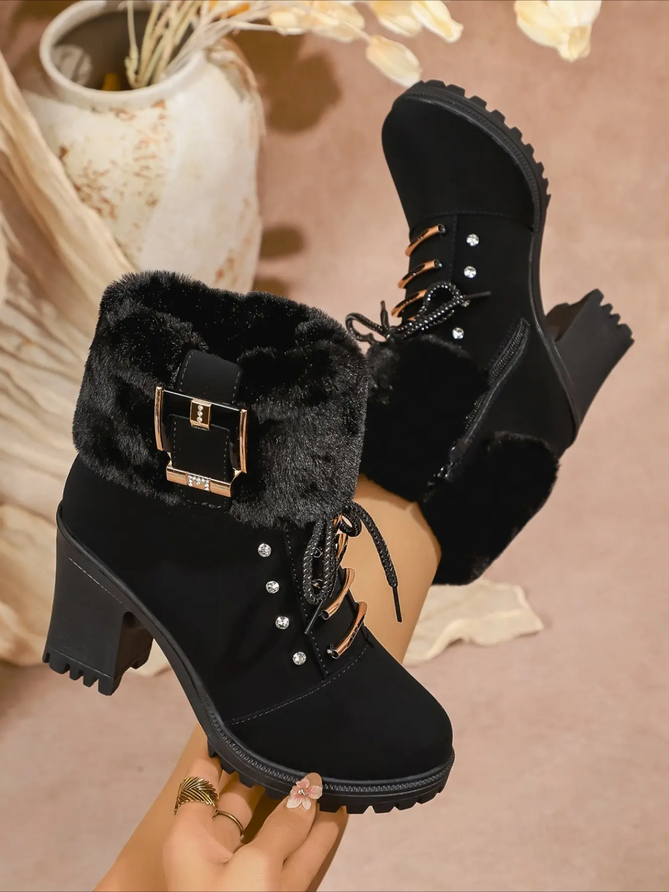 Fleece‑lined block heel ankle boots with fluffy folded cuff, metal buckle and rivet decor, lace‑up, warm non‑slip women winter boots