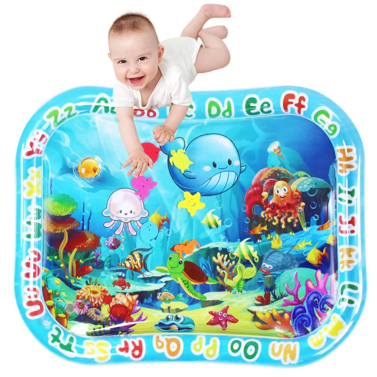 Large Inflatable Water Play Mat for Tummy Time, Sea & Ocean Themed Sensory Activity Center for Babies, Early Development Toy with Squeaker, 39.5 x 31.5 in, No, No Warning Applicable, 39.5X31.5 In, Activity Play Center, Playful, Sea Life, Marine Life, Sea