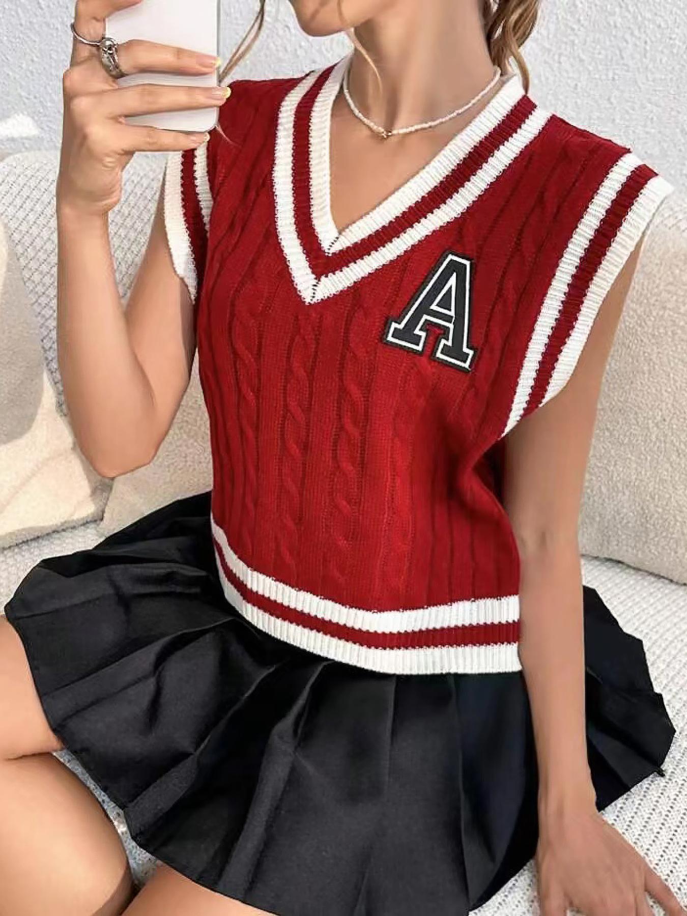 Women's Letter Print Contrast Binding Sweater Vest Without Shirt, Preppy Style V Neck Sleeveless Knitwear For Spring & Fall, Fashion Cozy Women's Knit Clothing For Daily Wear
