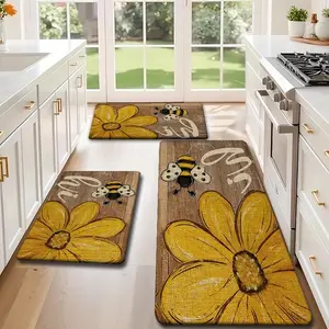Kitchen Mat Set 2/3 Pieces, Wood Grain Sunflower Bee Design, Non-Slip Absorbent, Ideal for Bathroom Laundry Hallway