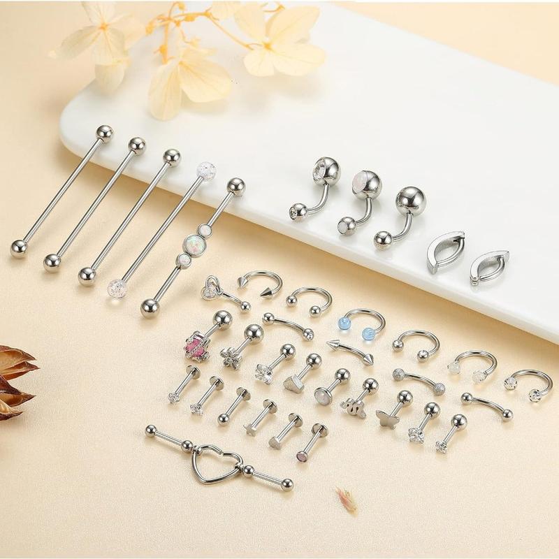 Jstyle 37 Pcs 14G-16G Body Piercing Jewelry for Women 316L Stainless Steel Industiral Cartilage Earrings Clicker Belly Button Rings Lip Eyebrow Rings Horsehoe Septum Rings Body Piercing Jewelry Set Daily