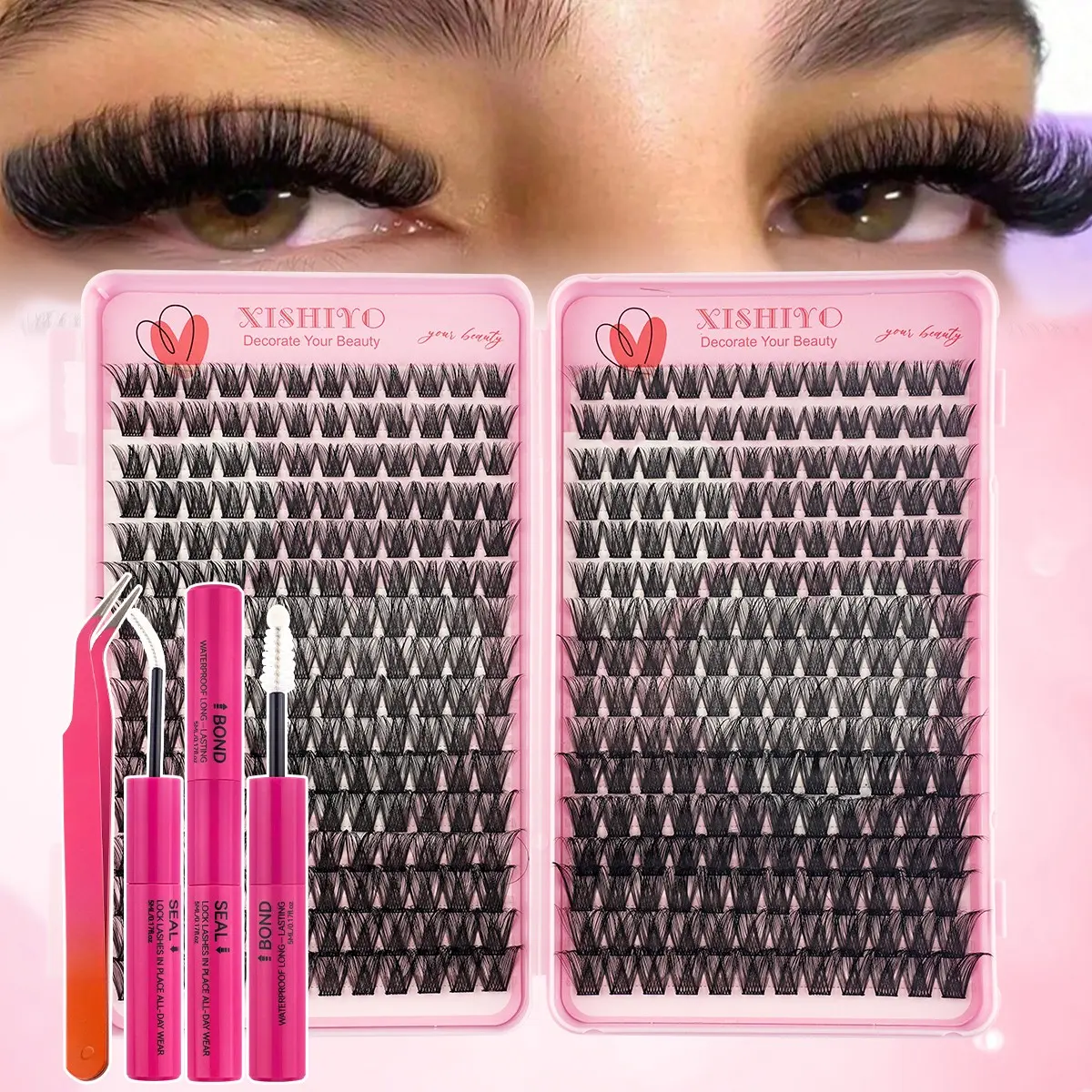 D‑Curl DIY Lash Cluster Kit 384 PCS with Glue & Tweezers, 3D Stereo Dense Criss‑Cross Individual Lashes, Beginner Self‑Application Lashes, Waterproof Sweatproof Long‑Lasting, Natural Eye Enlarging Look, Perfect for Daily Date Party Eye Makeup