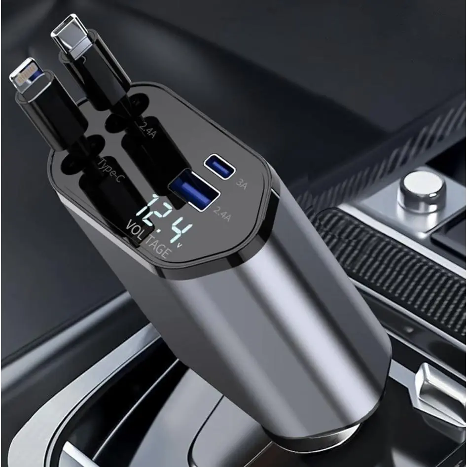 120W 4 in 1 Retractable Car Charger Block USB C Fast Charging Adapter with Dual Cable & Dual Port for iPhone 17/16/15/14/13/iPad/AirPods,Samsung Galaxy S23/S22/S10,Google,Universal Car Electrical Appliances for Vehicle