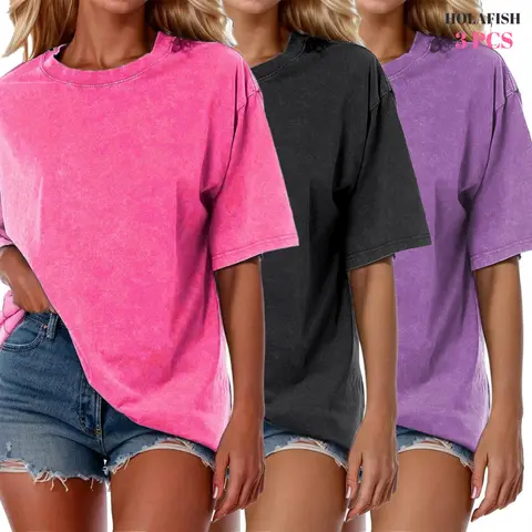[S-XXXXXL] Holafish 3Pcs Acid Wash T-shirts Unisex Oversized Half Short Sleeves Casual Loose Solid Streetwear Tops,Lady T-shirt Baggy Retro Street T-Shirts,Loose Fit funny cat graphic worm women