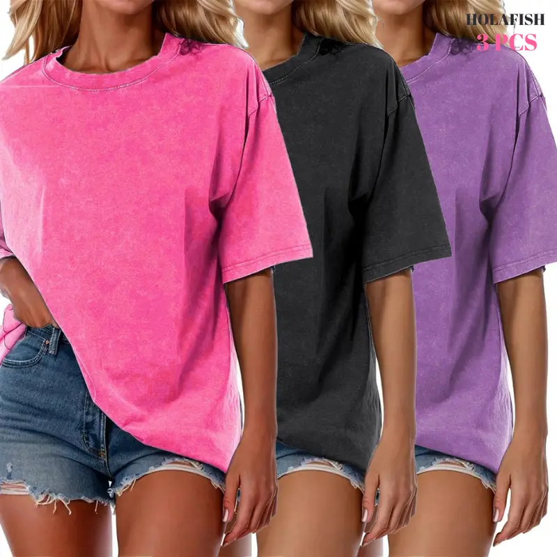 [S-XXXXXL] Holafish 3Pcs Acid Wash T-shirts Unisex Oversized Half Short Sleeves Casual Loose Solid Streetwear Tops,Lady T-shirt Baggy Retro Street T-Shirts,Loose Fit funny cat graphic worm women