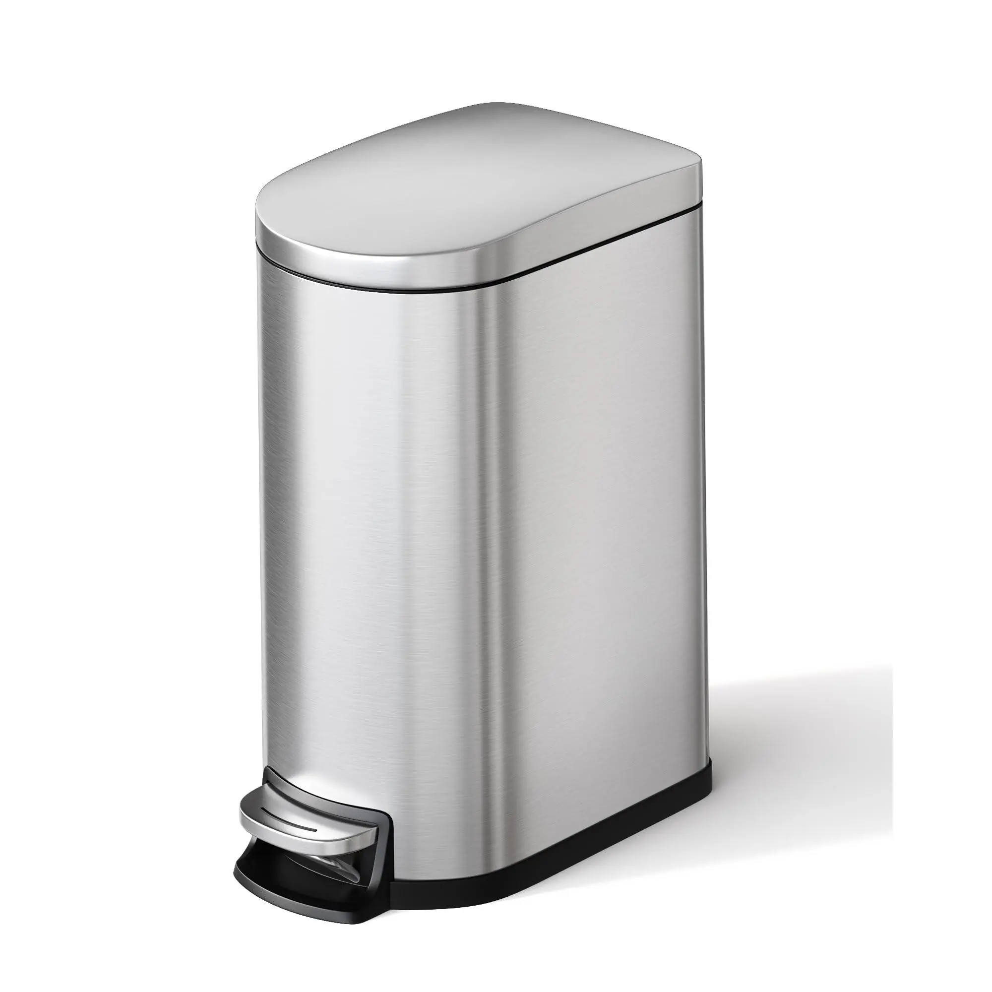 1.6 gal/6L Stainless Steel Trash Can with Lid, Slim Step-On Bathroom Garbage Bin, Waterproof Design with Inner Bucket, Rear Handle & Soft Close Lid, Silver