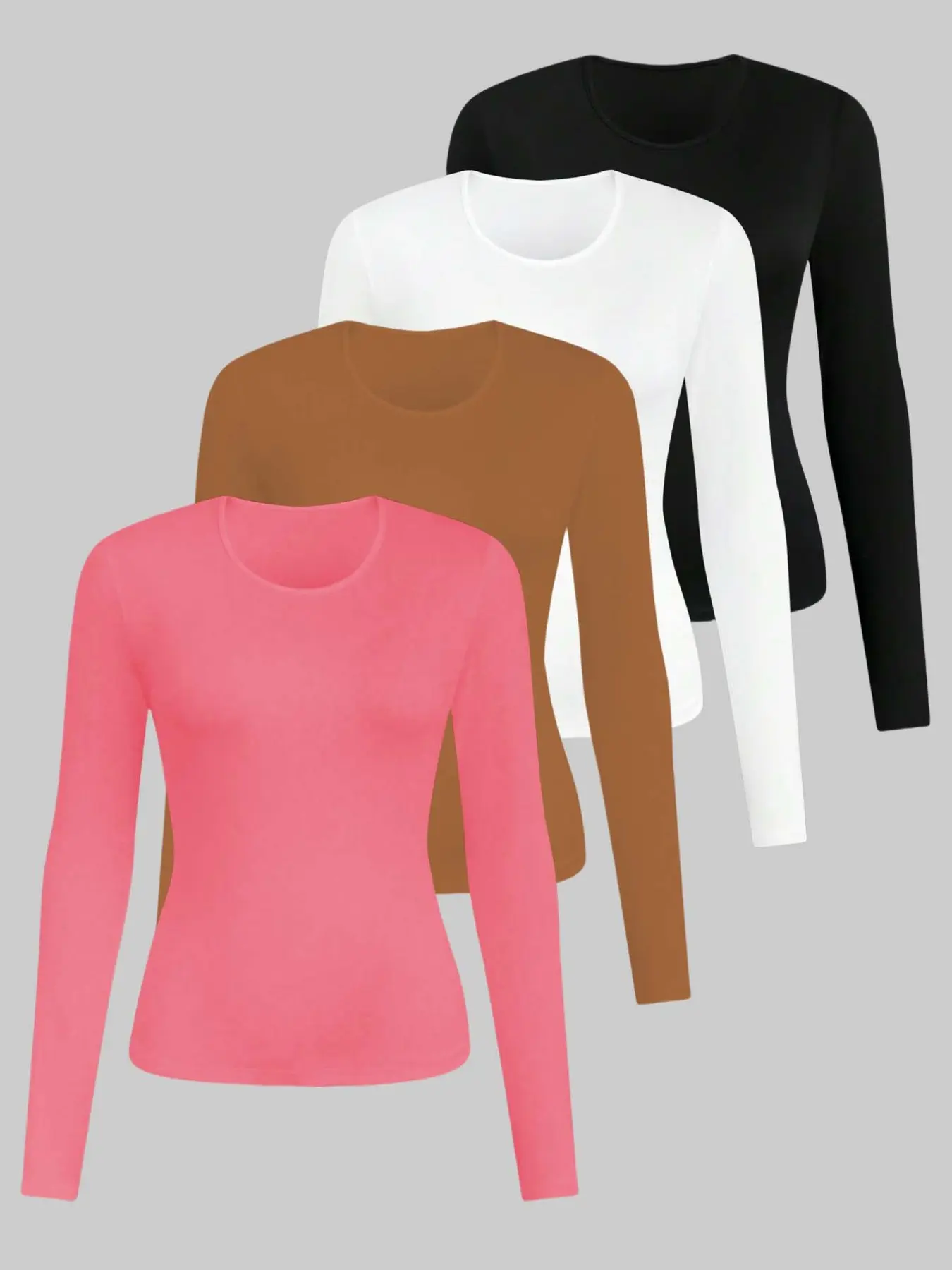 Autumn Winter Bestselling Top, Comfortable Long Sleeve T-Shirt Set of Four, Solid Color Casual Wear, Perfect for Commuting and Outdoors