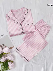 Three-Piece Striped Satin Printed Pajamas Set for Women, Casual Loose-Fit Sleepwear, All-Season Home, Comfortable Lounge Wear