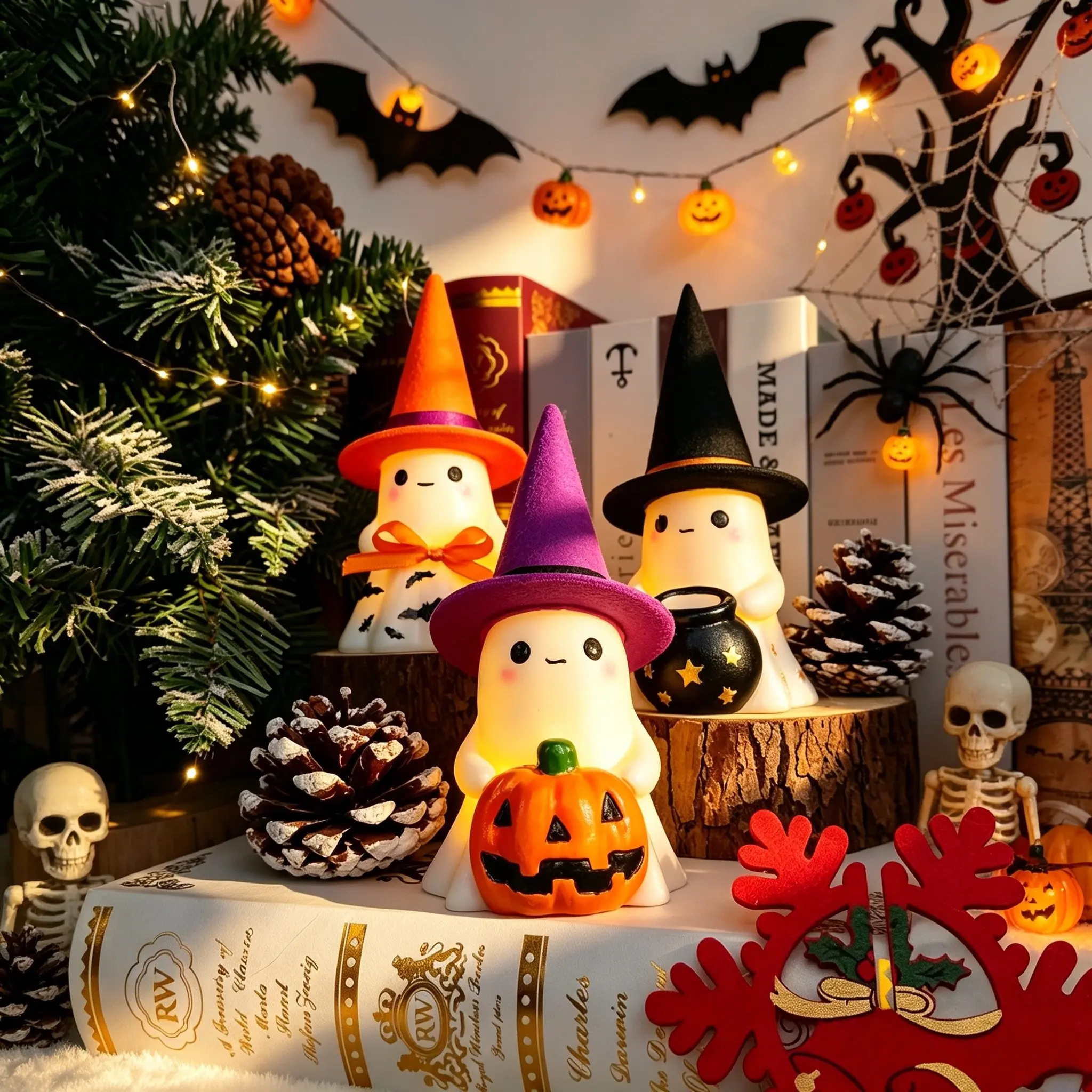 Halloween Indoor Decor, 3-Piece Cute Creepy Resin Ghosts, Hat-Wearing Mini Statues, Decorative Ornaments, Perfect for Fireplace, Party, Home, Porch Decoration