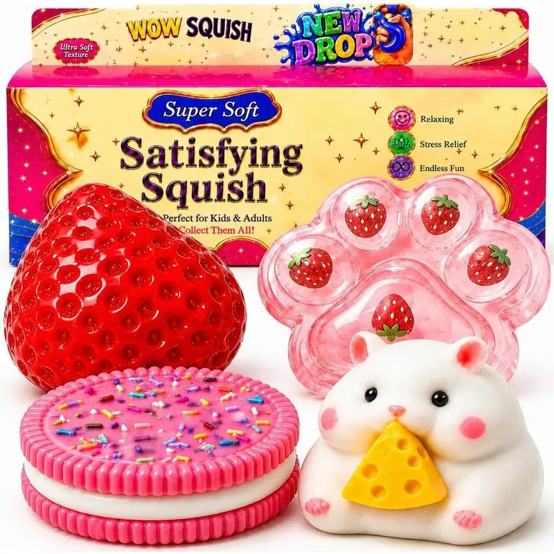 4PCS Cute Squishy Toys Set Strawberry Cookie Cat Paw Hamster Mochi Fidget Sensory Toy for Stress Relief Anxiety Calming Washable Desk Accessories Party Favors Gifts for Kids Adults