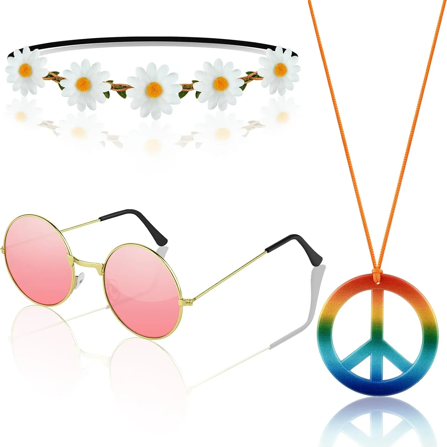 Hippie Costume Accessories Set 60s 70s Daisy Headband Peace Sign Necklaces Hippie Sunglasses for Carnival Party