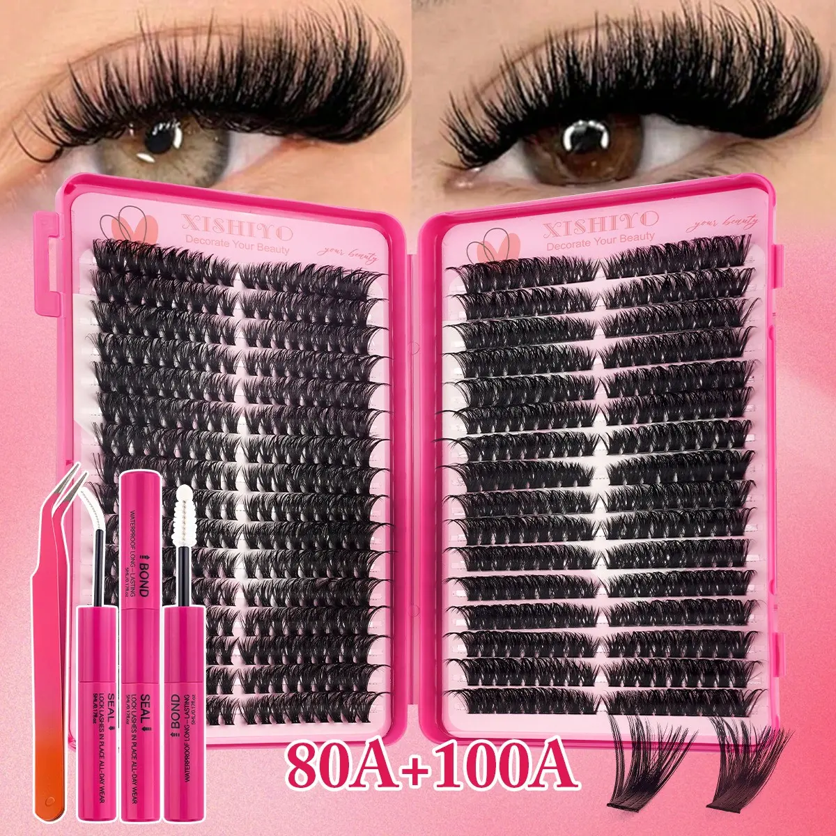 544 Clusters D Curl Voluminous DIY Individual Eyelash Kit, includes glue & tweezers. 2 specs: 80A+100A. Fluffy 3D layered self-application, beginner-friendly, reusable, perfect for daily wear and party makeup.