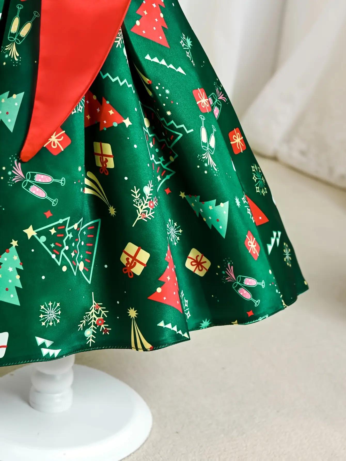 Girls' Christmas Party Dress with Red Bow & 3D Holly Berry Print - Green A-Line Short Sleeve Dress, Flared & Round Neck for Xmas Performances, Pageants, Photo Shoots - All-Season Outfit ( to)