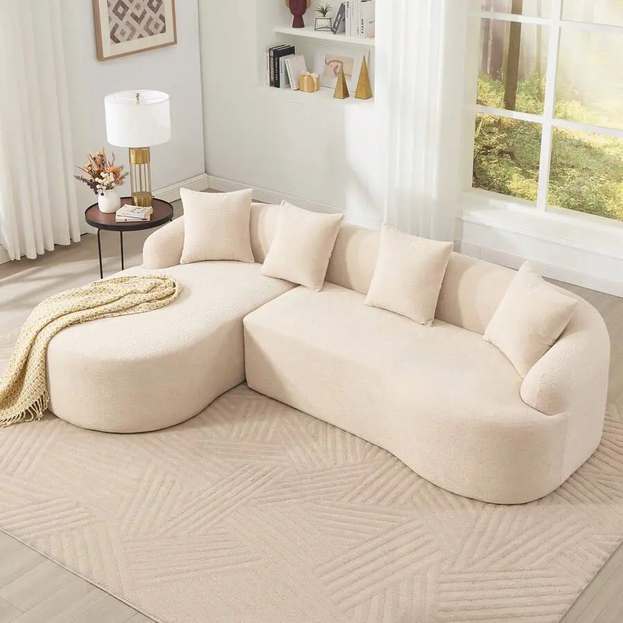 Luxury Modern L-Shaped Modular Sectional Couch with Chaise Longue, 99" 4-Seater Wide-Arm Cloud Sleeper, Oversized Deep-Seat Chenille Upholstered Sofa with 4 Pillows, High-Density Sponge Living Room Wood Grain Set