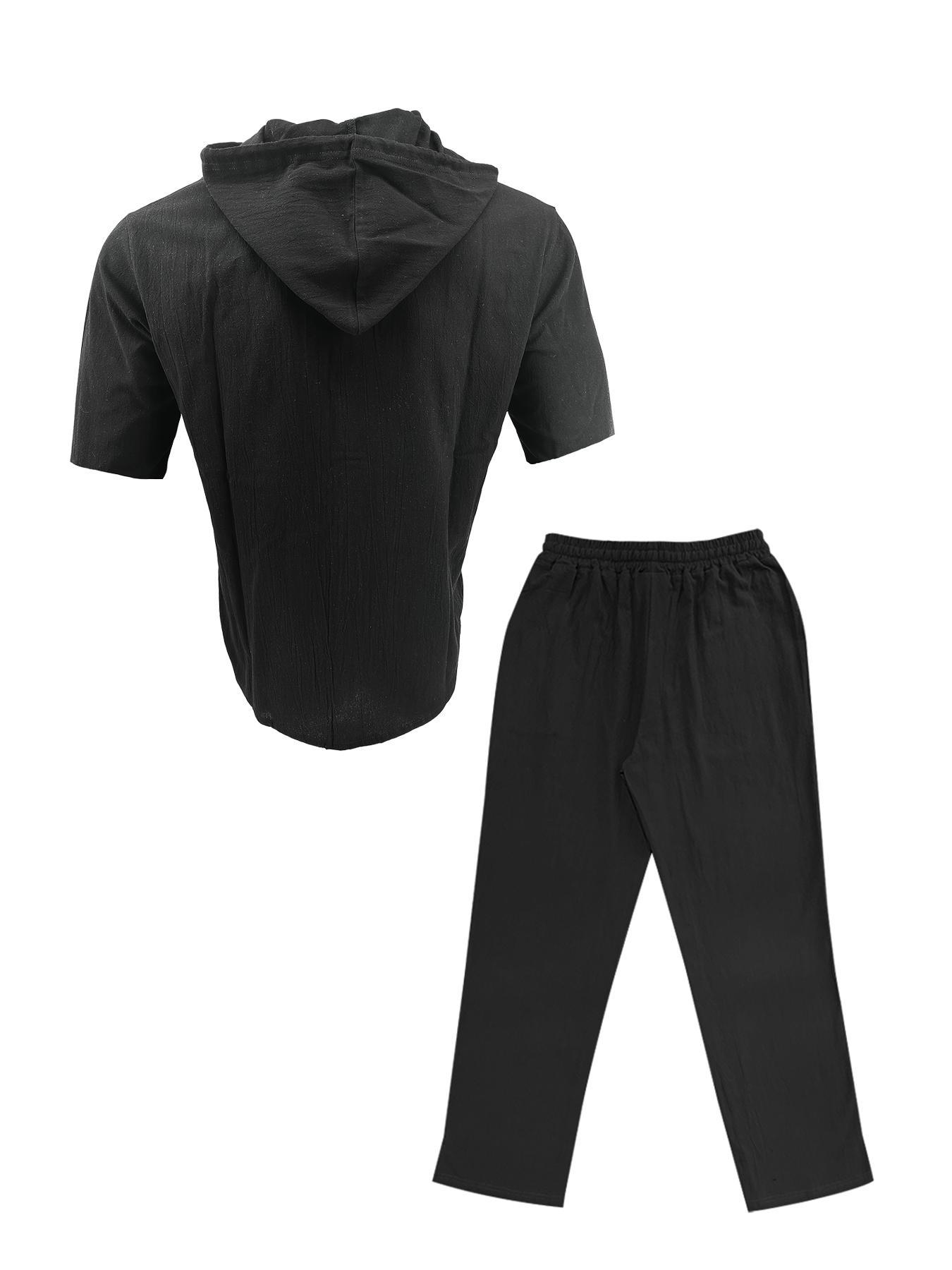 Two-Piece Set Men's Solid Linen Set, Casual Breathable Quick-drying Top & Drawstring Wide-leg Pants Set for Beach Holiday, Men's Clothing for Summer, Menswear