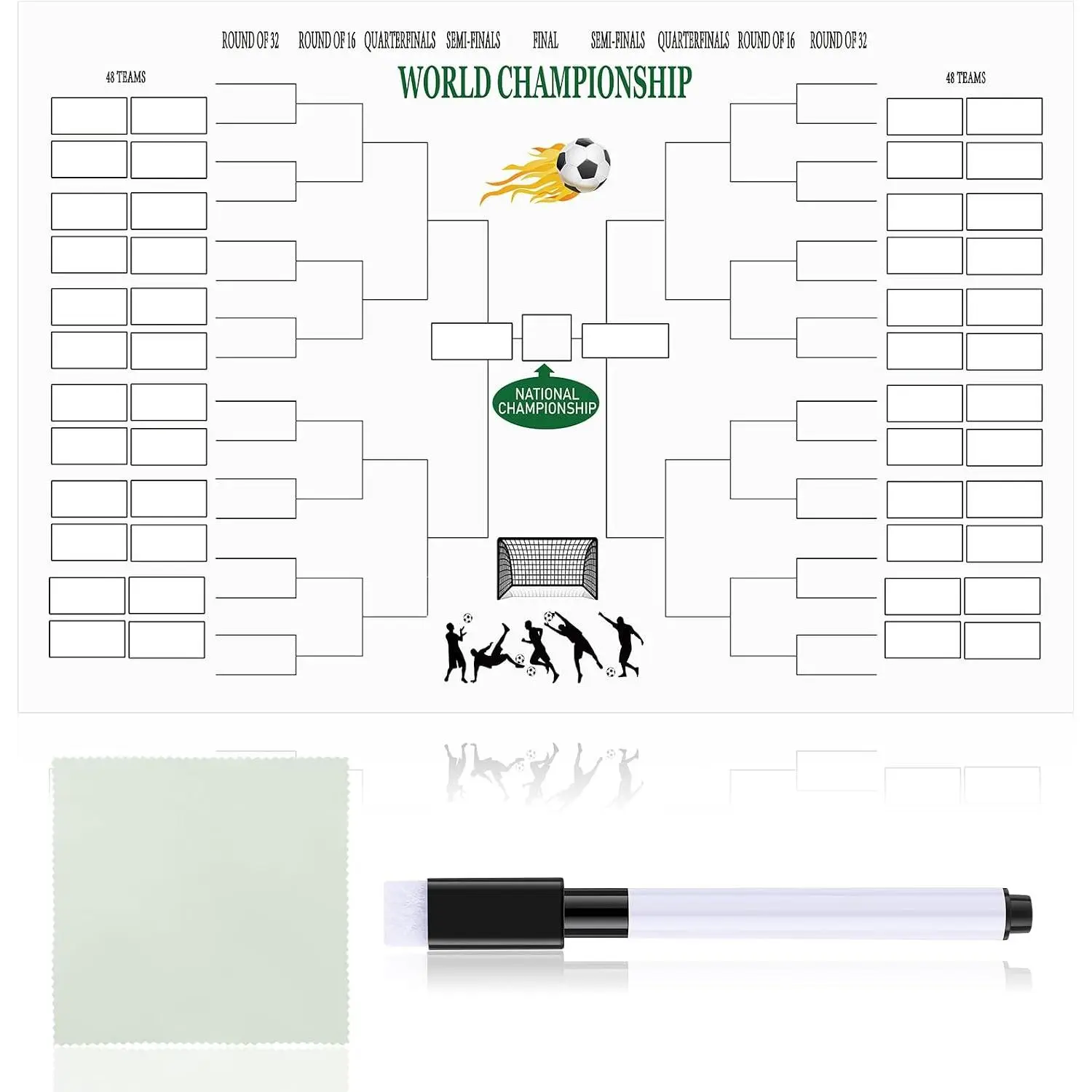 Reusable Tournament Bracket Dry Erase Board Set, 16.5x24.0 Inch Green Soccer Bracket Board with Marker Pen & Cloth Eraser for School Classroom Use