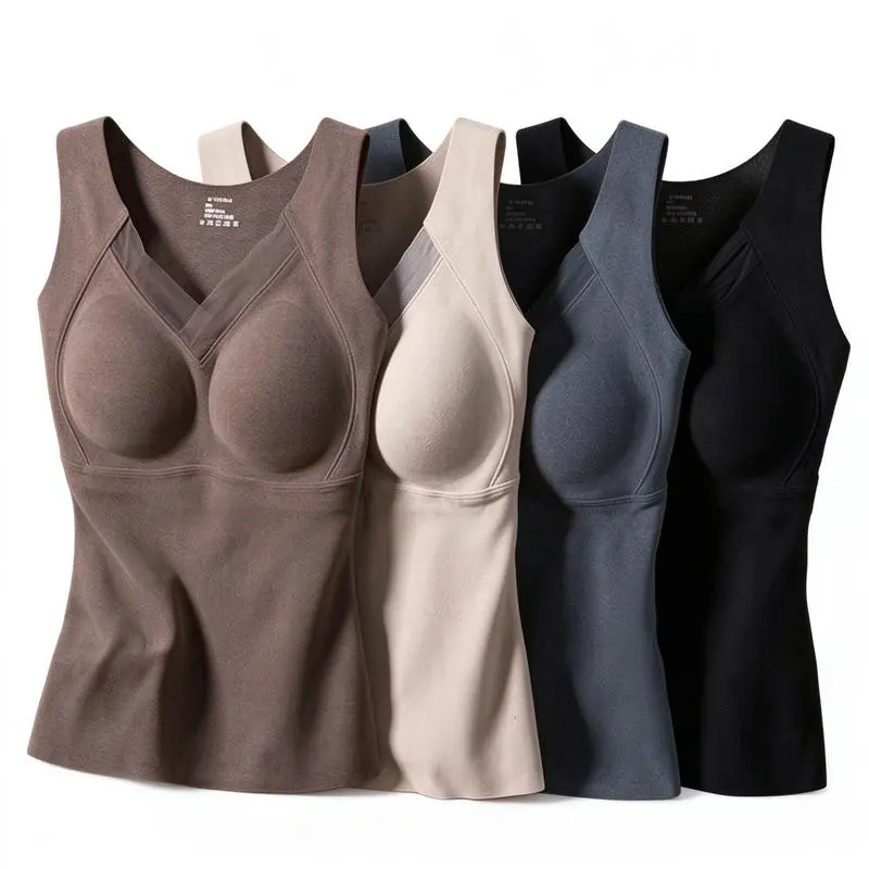 Women's 2pcs Graphene Thermal Camisole Tank Top - Basic Lightweight Fabric, 3D Tailored Fit, Heat-Generating Warm Base Layer, Built-In Fixed Cup Sleeveless Undergarment for Outdoor Daily Layering (No Bra Needed)